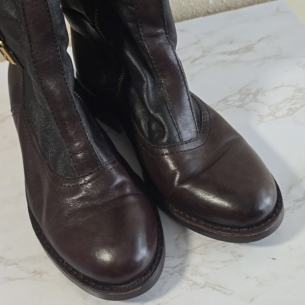 Vince Camuto Black and Brown Knee-High Boots with Buckle Detail